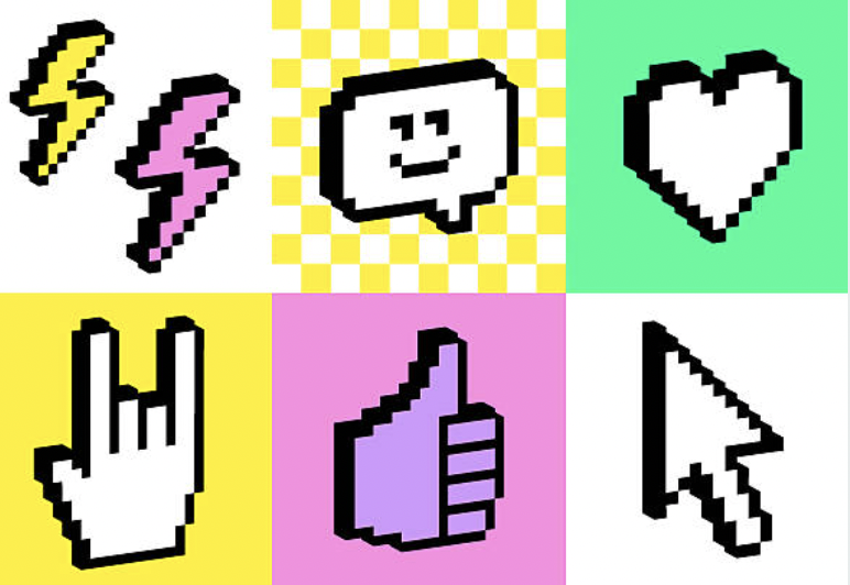 Pixel icons: lightning, smile, heart, rock, thumbs up, cursor